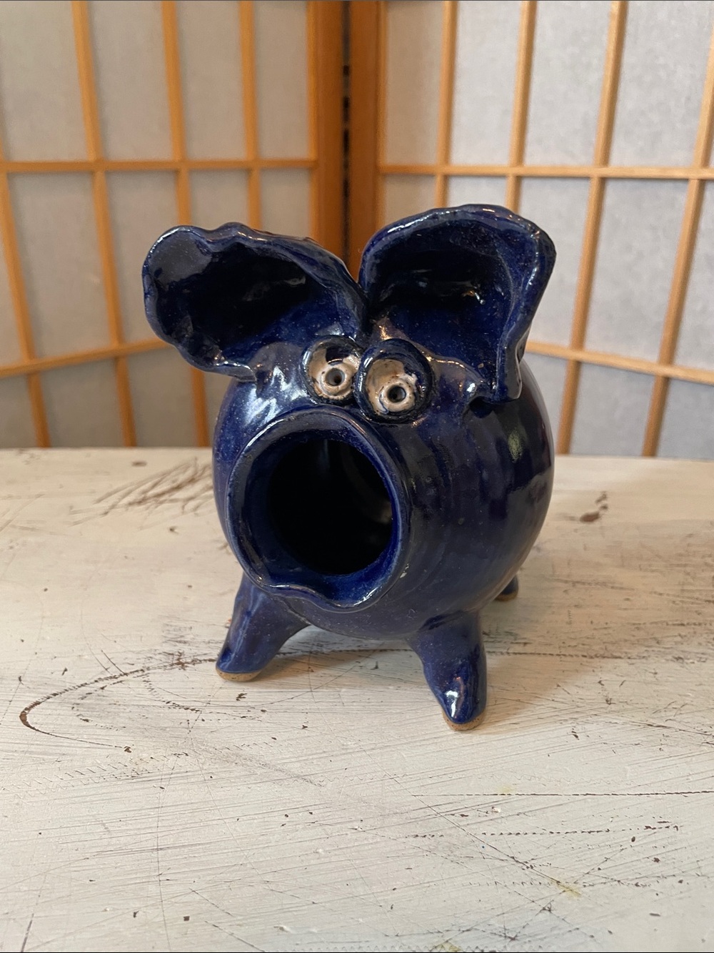 Handcrafted Studio Pottery Signed Cobalt Blue  Ceramic Pig Piggy Bank